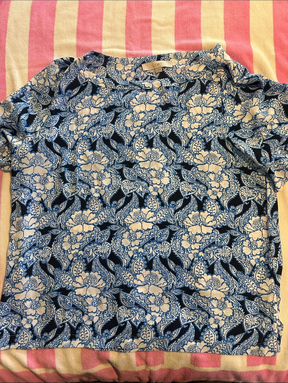 LOFT Navy and White Floral Paisley Short Sleeve Tee